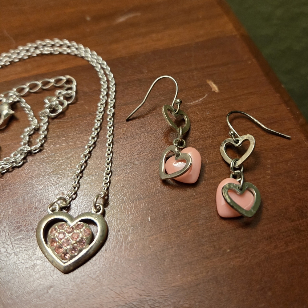 Heart Pendant Necklace and Earrings Set - Pink and Silver
